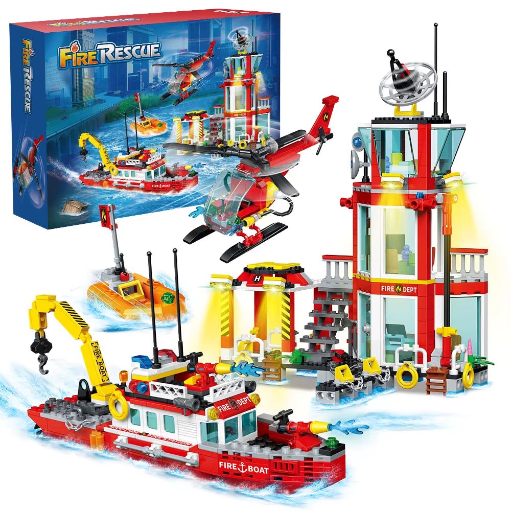 City Oceans Fire Station Blocks Compatible with Leg0 Fire Station Set with Fire Station,Fire Helicopter,Fire Ship,Rescue Boat
