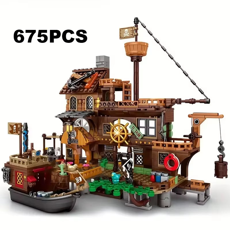 Creative Medieval Pirate Island Fortress Castle Building Blocks Adventure Ship Log Cabin Model Boat Assemble Bricks Toy Kid Gift