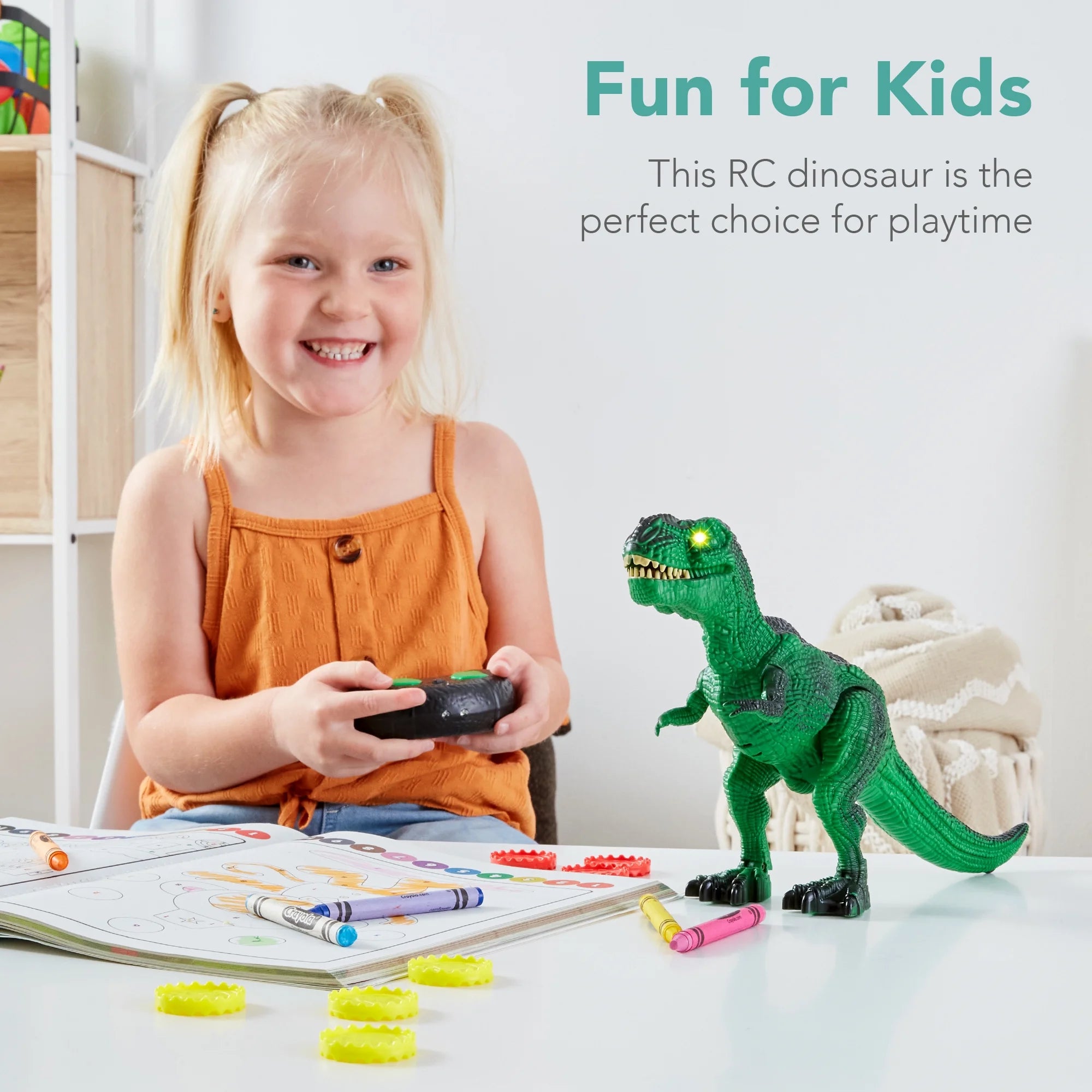 Kids Remote Control Dinosaur Toy, Electronic RC T-Rex W/ Light-Up LED Eyes, Roaring Sounds - Green