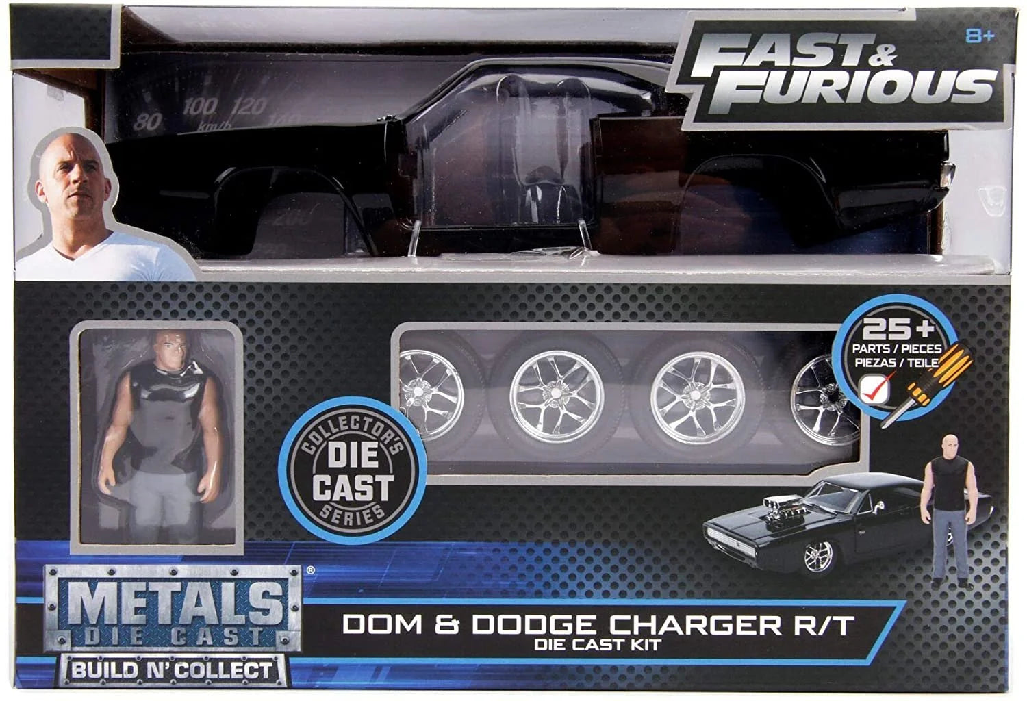 Model Kit Dodge Charger R/T Black with Dom Diecast Figure, Movie, Build N' Collect, 1:24 Diecast Car Jada