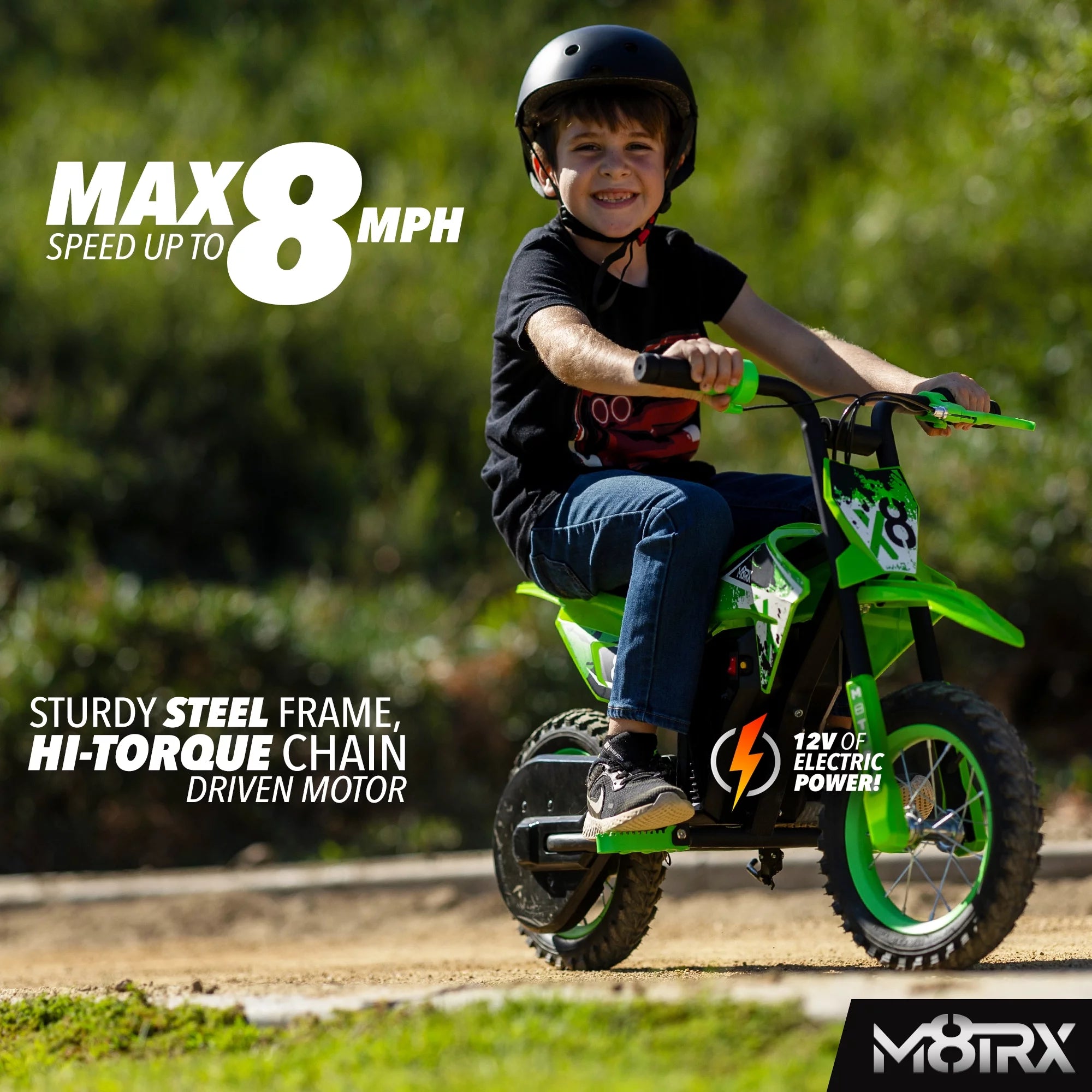 M8TRX Green 12V Mini Electric Child Dirt Bike, Battery Powered Toy Motorcycle, Kids Ride On, Ages 5 Years and Up