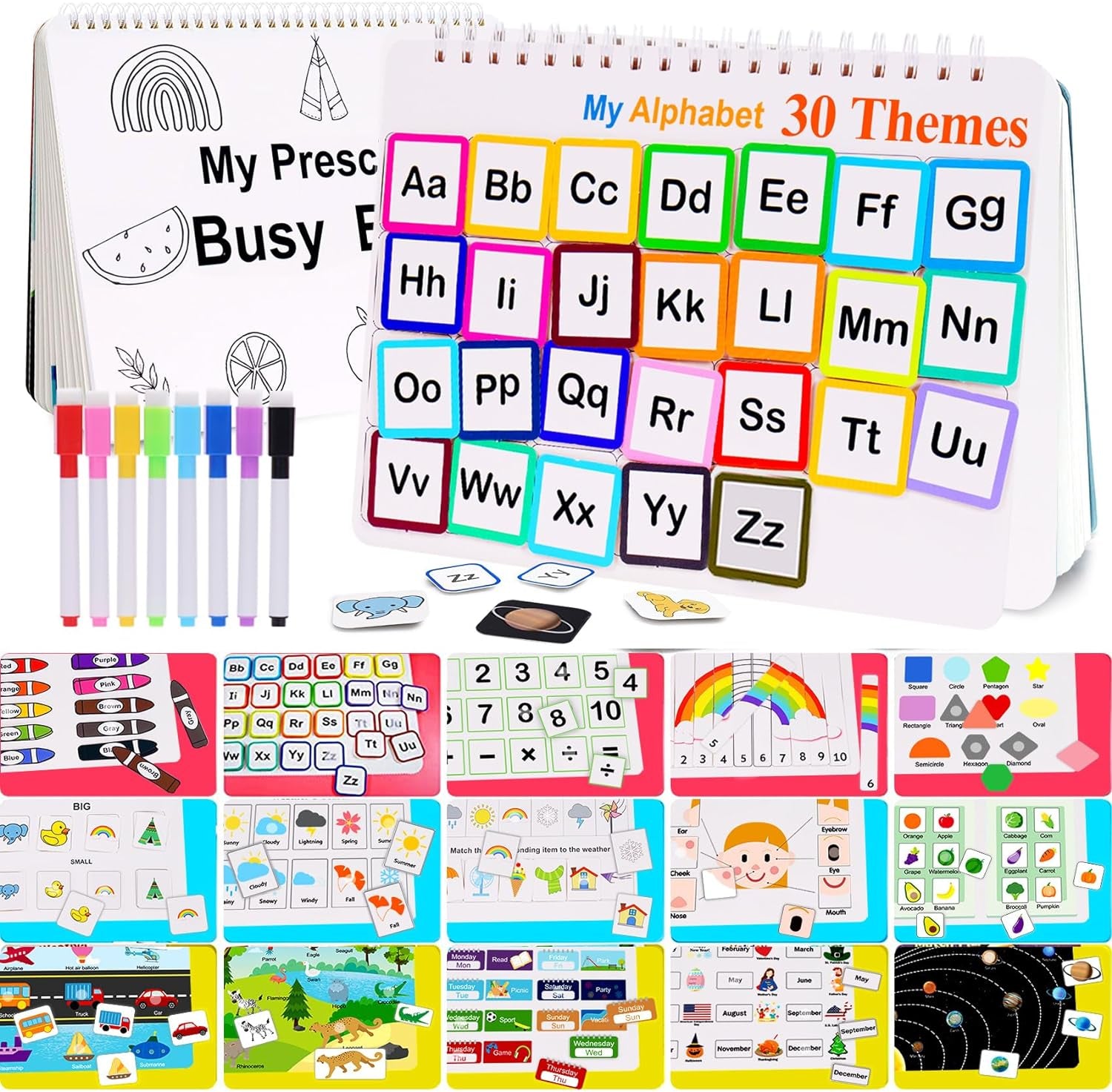 Mallify Busy Book for Toddlers 3-5, Montessori Busy Book with 30 Themes and 8 Markers, Kids Binder and Early Learning Toys, Preschool Busy Books for Toddlers, Tracing Coloring Book, Busytots