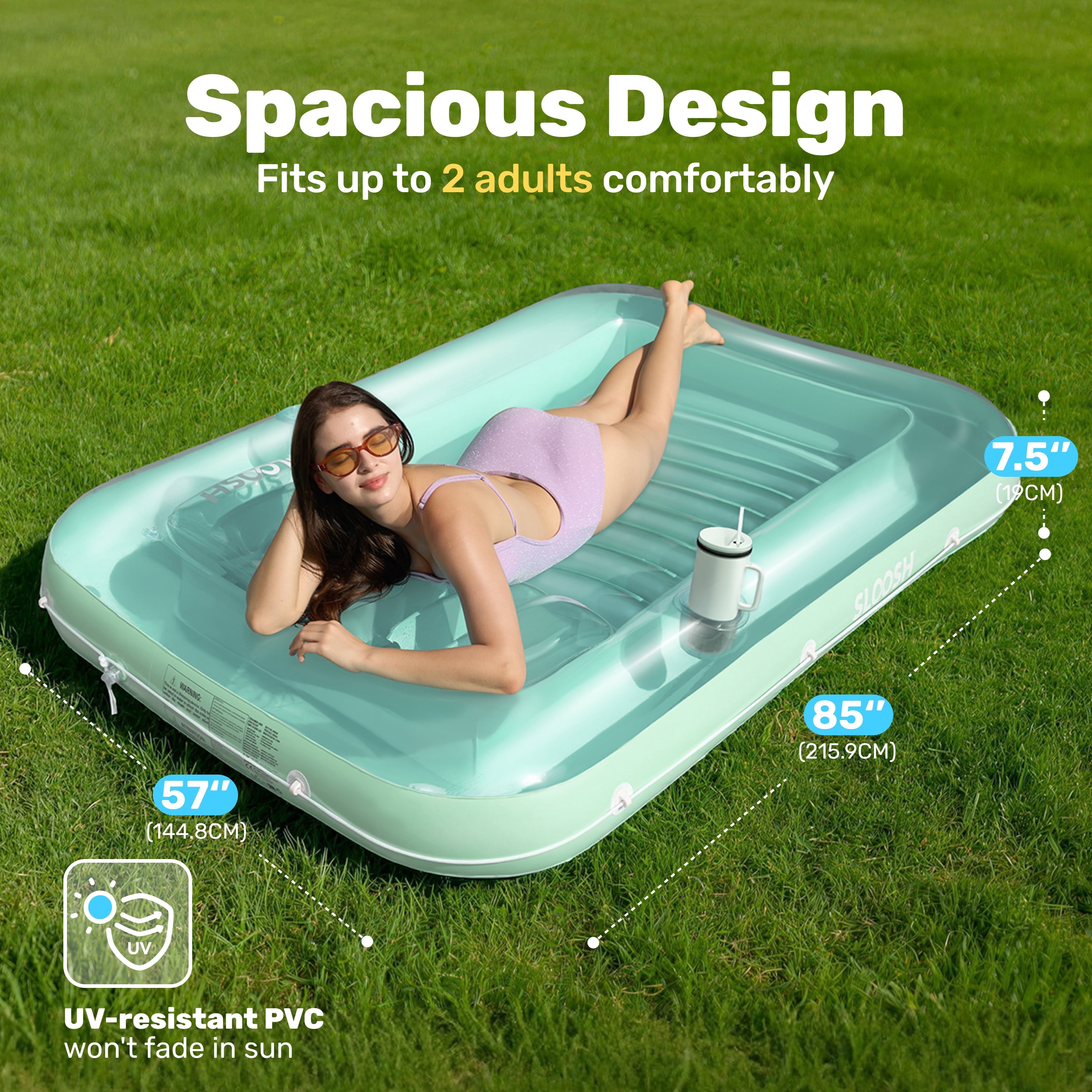 Inflatable Tanning Pool Lounger Float, 85" X 57" Extra Large Suntan Sun Tan Tub for Adults, Tanning Chair, Bed Blow Up, Raft Lounge Floatie, Xl-Cyan