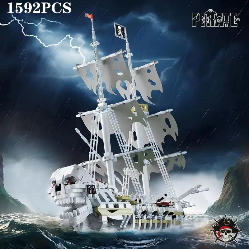 1592PCS Skeleton Ghost Ship Building Blocks Storm Pirate Ship Model Bricks Desktop Decoration Ornaments Educational Toys Gifts