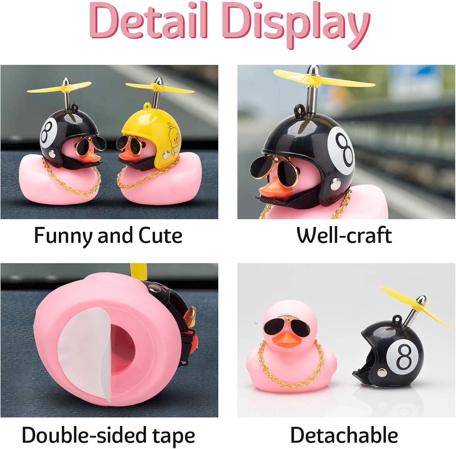 Pink Duck Car Dashboard Decorations Rubber Duck Car Ornaments Cool Duck with Propeller Helmet Sunglasses Gold Chain