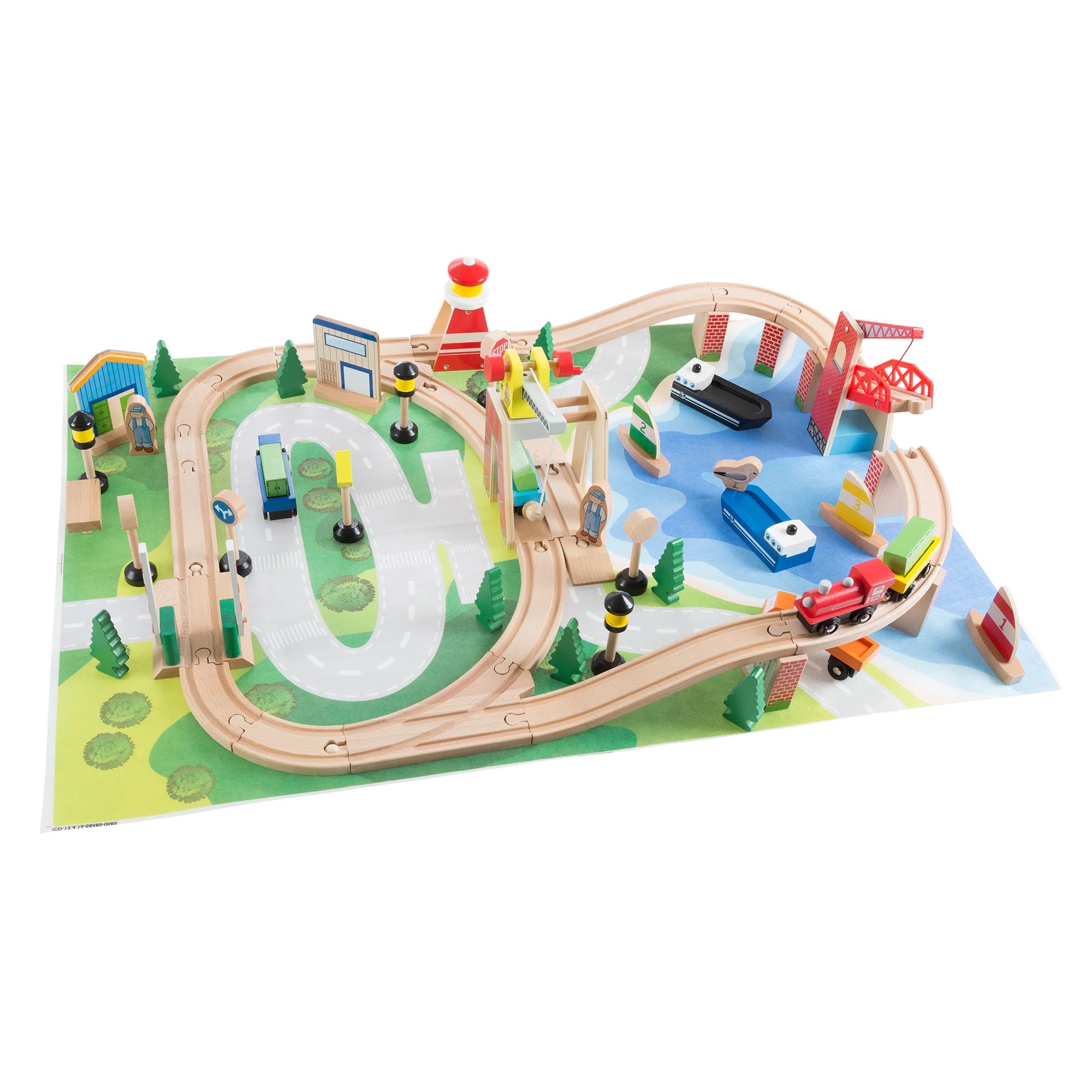 75-Piece Wooden Train Set Including Wood Tracks, Trains, Cars, Boats, and Accessories by