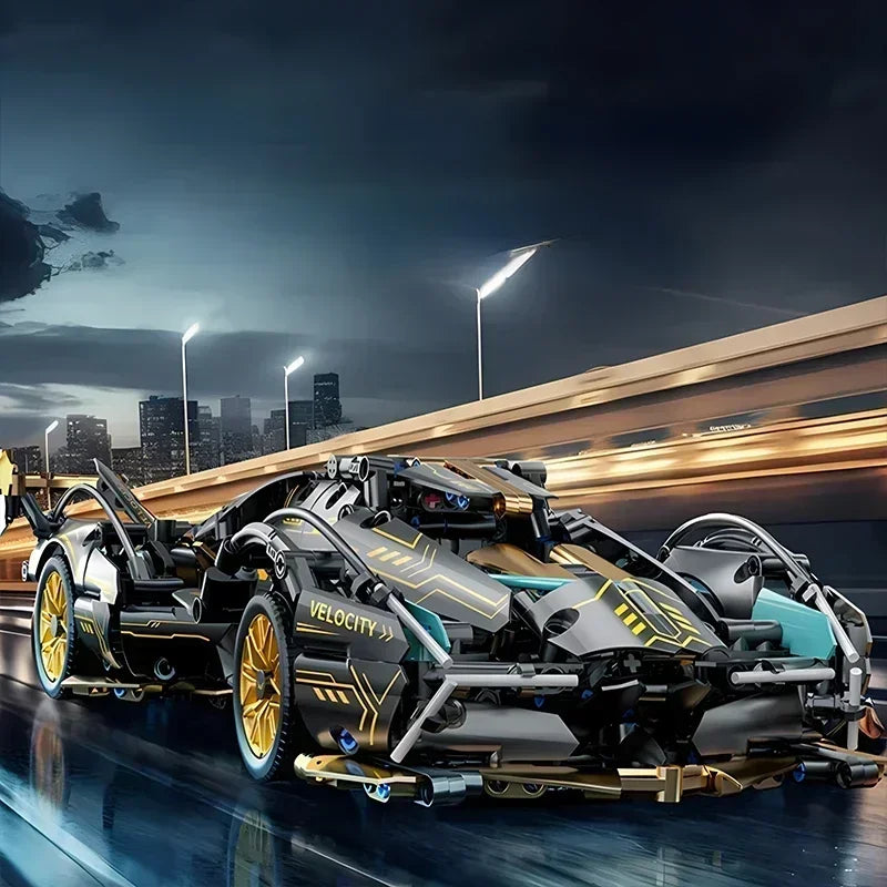 2026 Black V12 Block Roadster RC Tech Racer 1:14DIY Roadster Building Block Assembly Block Car Toy Birthday Gift （1280 Granule）