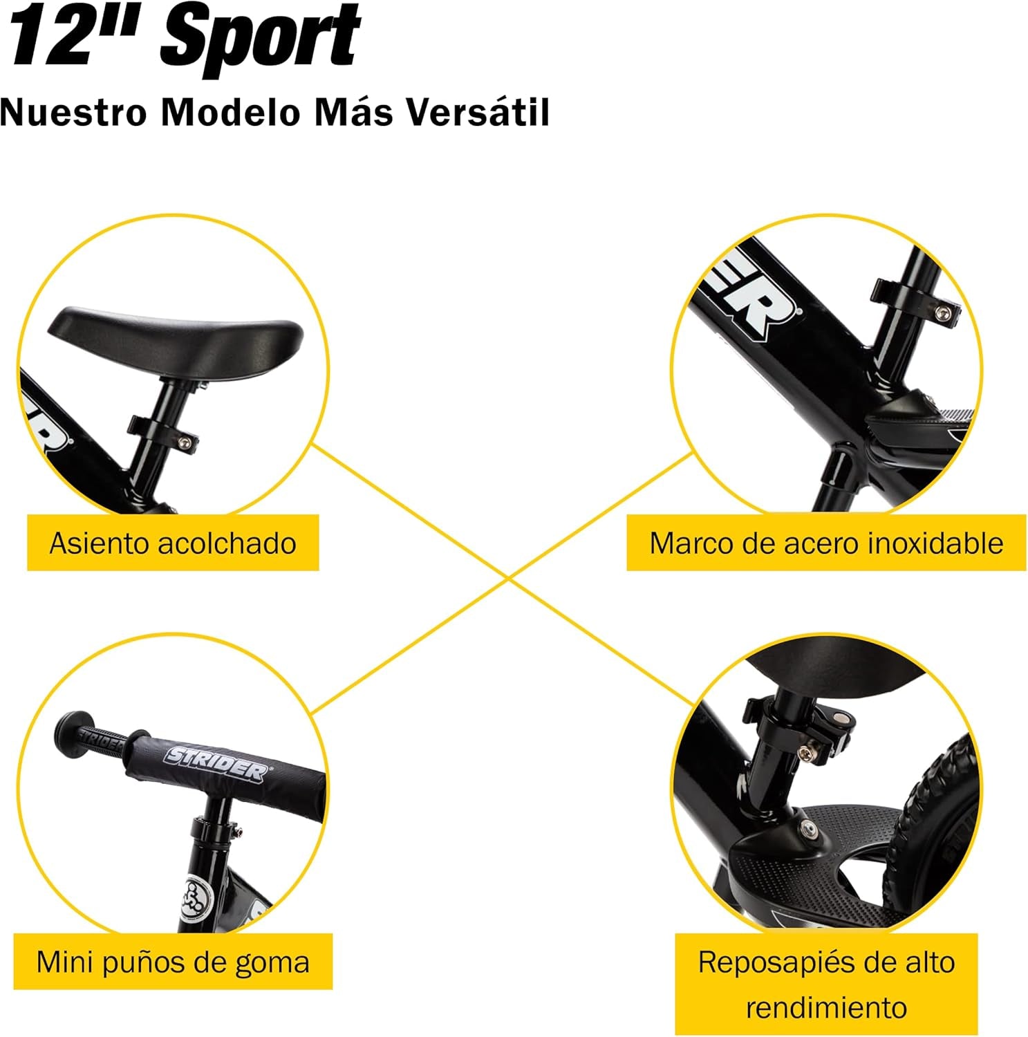 12” Sport Bike - No Pedal Balance Bicycle for Kids 1 to 4 Years - Includes Safety Pad, Padded Seat, Mini Grips & Flat-Free Tires - Tool-Free Assembly & Adjustments