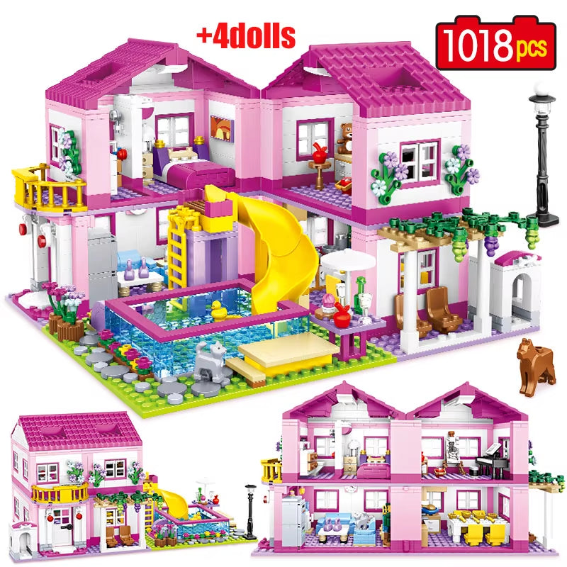 1018Pcs City 1 Change 3 Summer Double-Storey Villa House Building Blocks Friends Garden Flower Figures Bricks Toys Girls