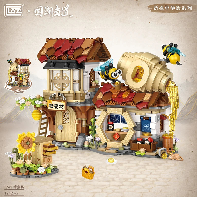 LOZ New Creative Mini Street View Bee Shop Building Block DIY Chinese Folding Streetview Pork Shop Puzzle Toys for Children Gift