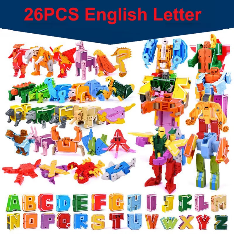 26 GUDI English Letter Alphabet Transformation Robot Dinosaur Deformation Animal Action Figure Learn A-Z Toys Set